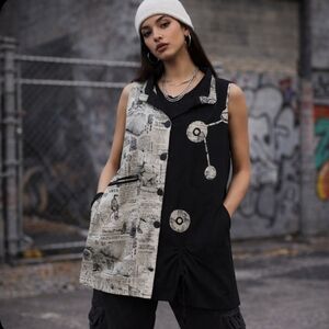Streetwear newsprint lagenlook dress jacket top oversized novelty M